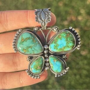 Navajo Sterling Silver Sonoran Gold Turquoise Butterfly Pendant Geneva Gift